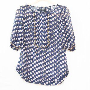Angie Boho Sheer Top Navy White Daisy Print Studded 3/4 Sleeves Prairie Sz S